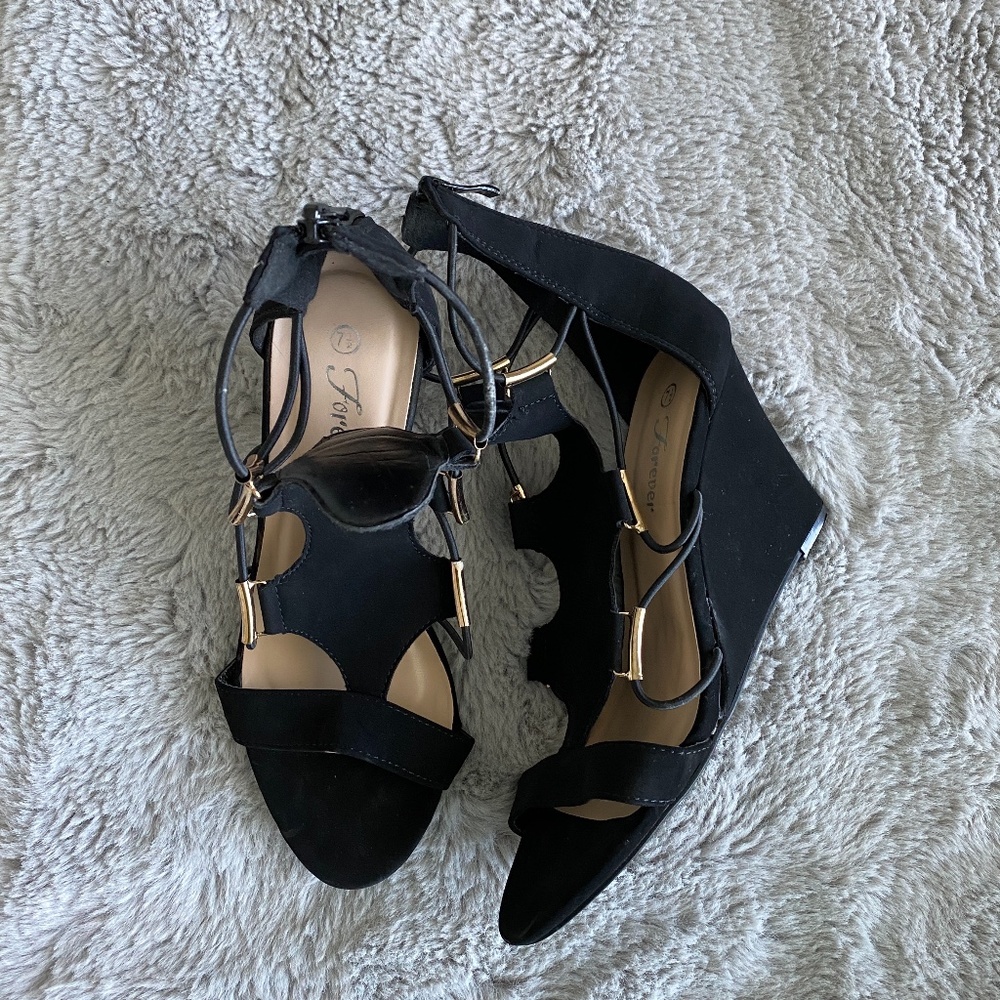 Forever Black Suede Wedges with Gold Accents